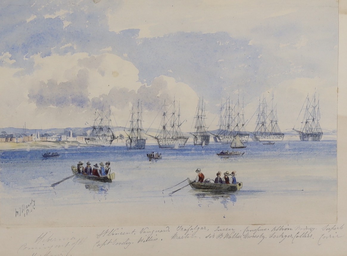 W. J. Hardy (19th C.), two watercolours, Named warships in harbour and Estuary scene, both signed and dated 1845, 12 x 17cm